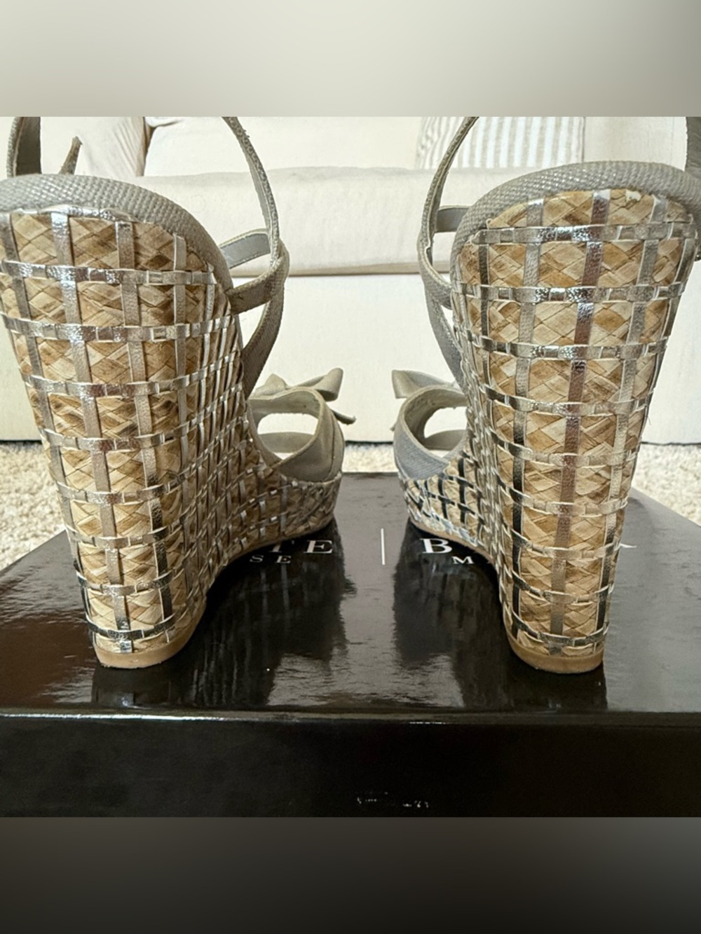 White House Black Market Silver-Tone Woven Sophie Wedge Sandals - Picture 6 of 9
